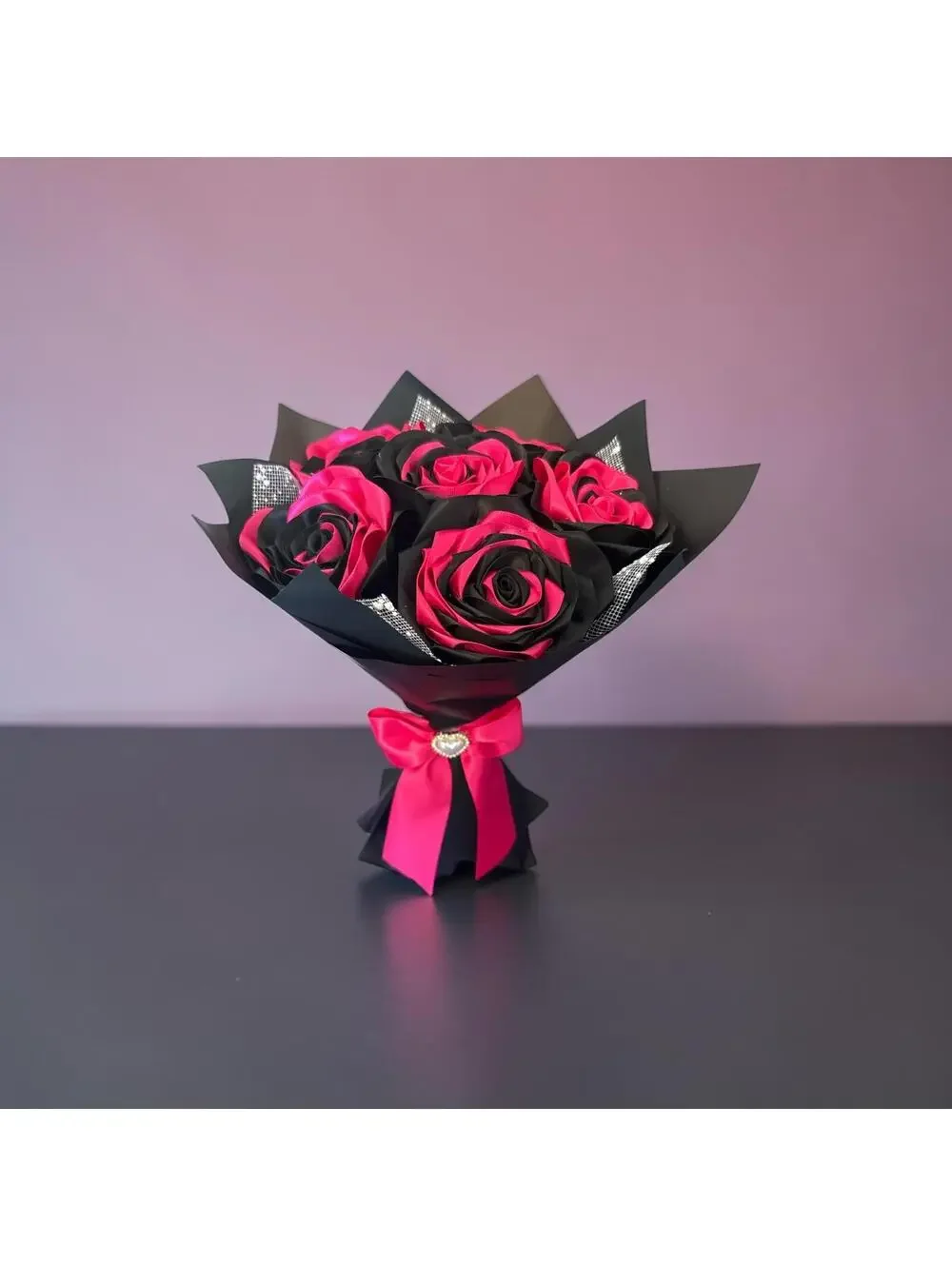 Handmade Black and Hot Pink Satin Rose Bouquet with Satin Ribbon